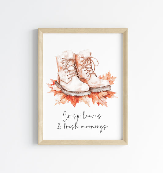 Crisp leaves & fresh mornings autumn walking boots leaves foliage seasonal unframed wall art poster print.