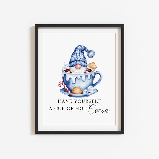 Hot chocolate print, Christmas Gonk gnome blue cup of cocoa festive unframed wall art