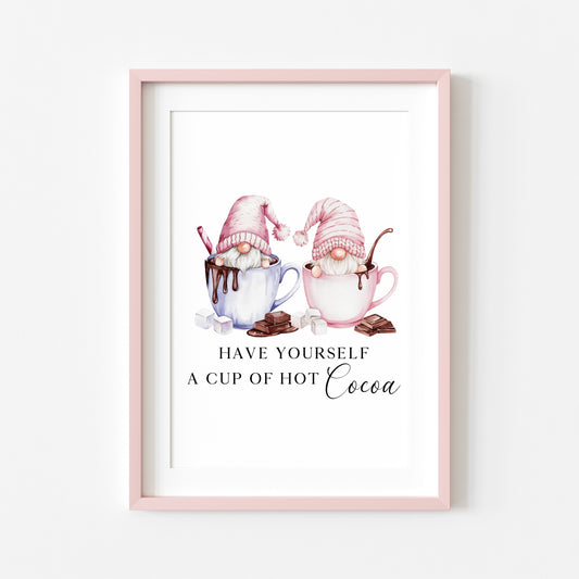 Hot chocolate print, Christmas Gonk gnomes pink blue cup of cocoa unframed wall art