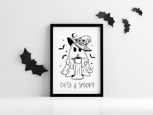 Cute & Spooky magical witch ghost funny monochrome spooky halloween unframed print