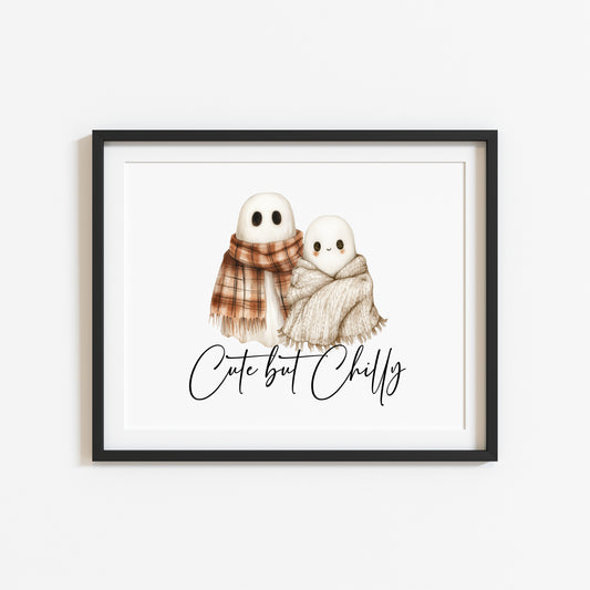 Halloween Autumn cute but chilly humorous ghosts with scarfs Print unframed wall art poster print