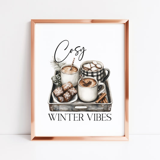 Cosy winter vibes monochrome hot drinks tray watercolour seasonal xmas unframed wall art poster print