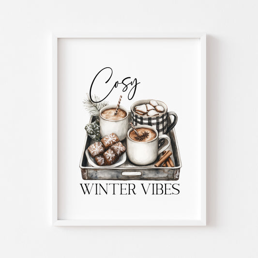 Cosy winter vibes monochrome hot drinks tray watercolour seasonal xmas unframed wall art poster print