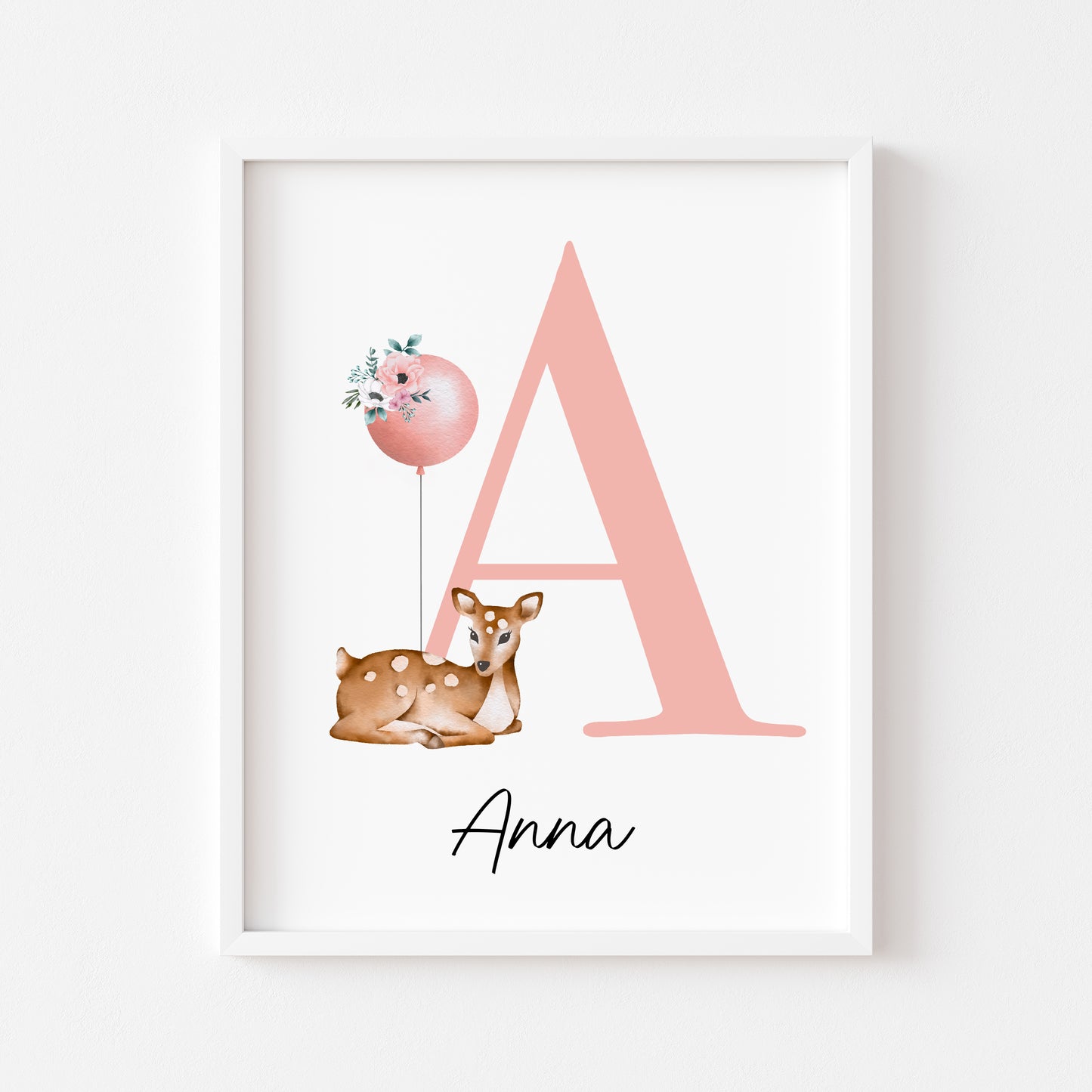 Personalised initial name print, baby deer and balloon watercolour floral initial illustration nursery unframed print