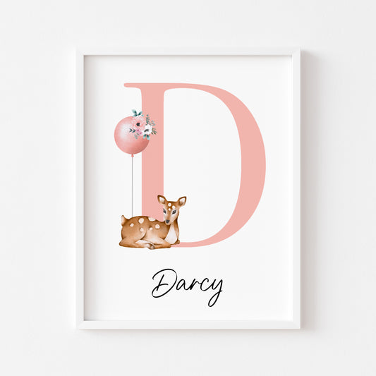 Personalised initial name print, baby deer and balloon watercolour floral initial illustration nursery unframed print