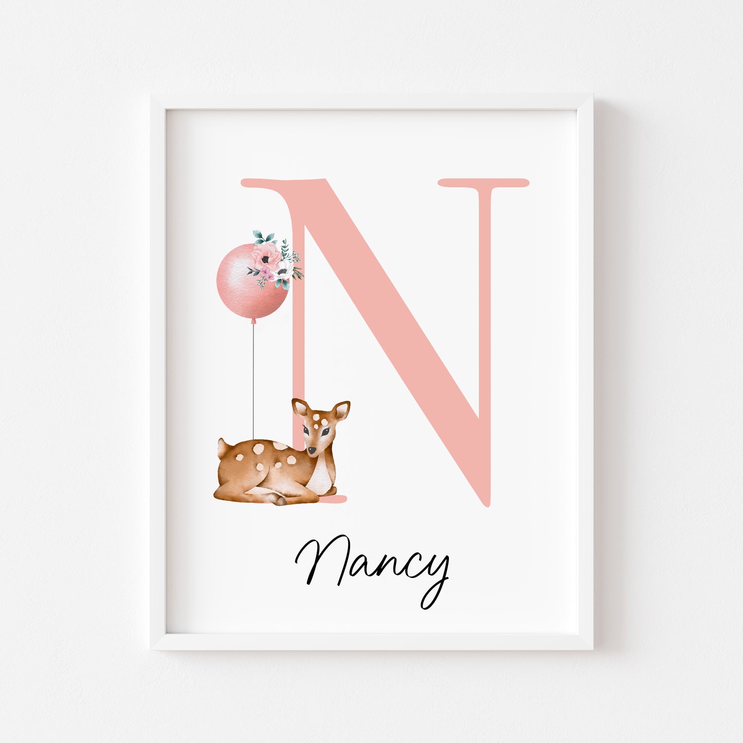 Personalised initial name print, baby deer and balloon watercolour floral initial illustration nursery unframed print