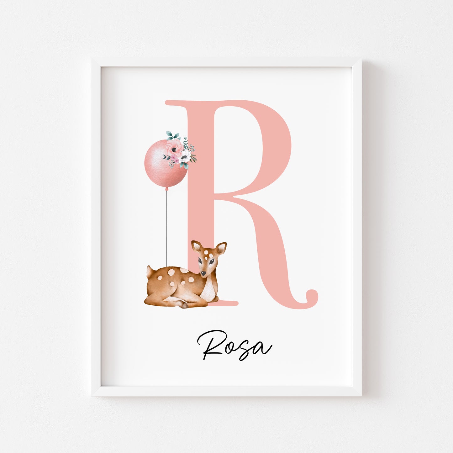 Personalised initial name print, baby deer and balloon watercolour floral initial illustration nursery unframed print