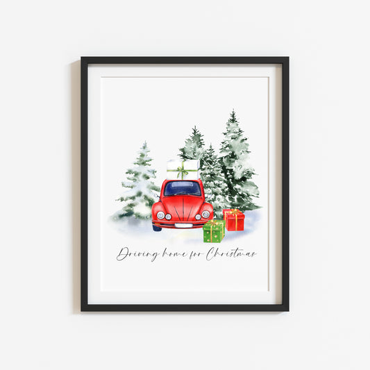 Driving home for Christmas watercolour red car presents & winter scenery unframed wall art poster print