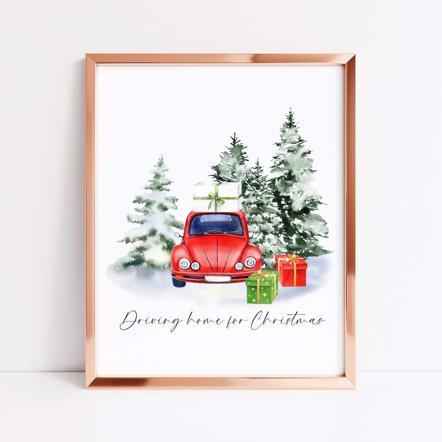 Driving home for Christmas watercolour red car presents & winter scenery unframed wall art poster print