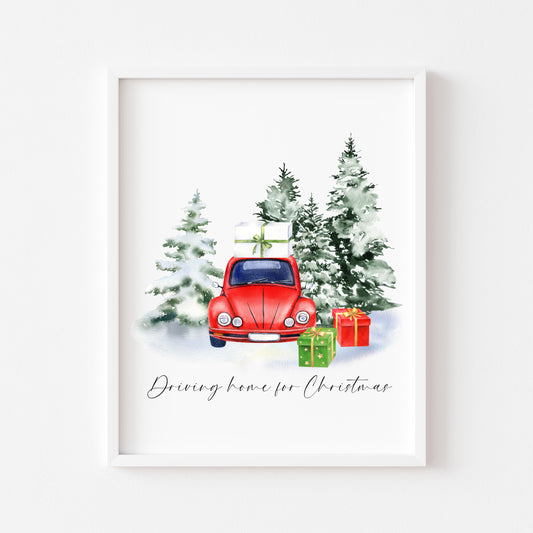 Driving home for Christmas watercolour red car presents & winter scenery unframed wall art poster print