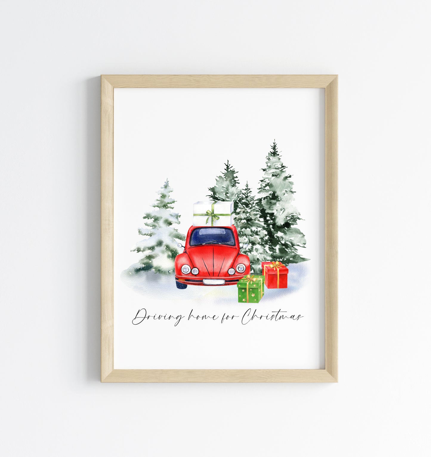 Driving home for Christmas watercolour red car presents & winter scenery unframed wall art poster print