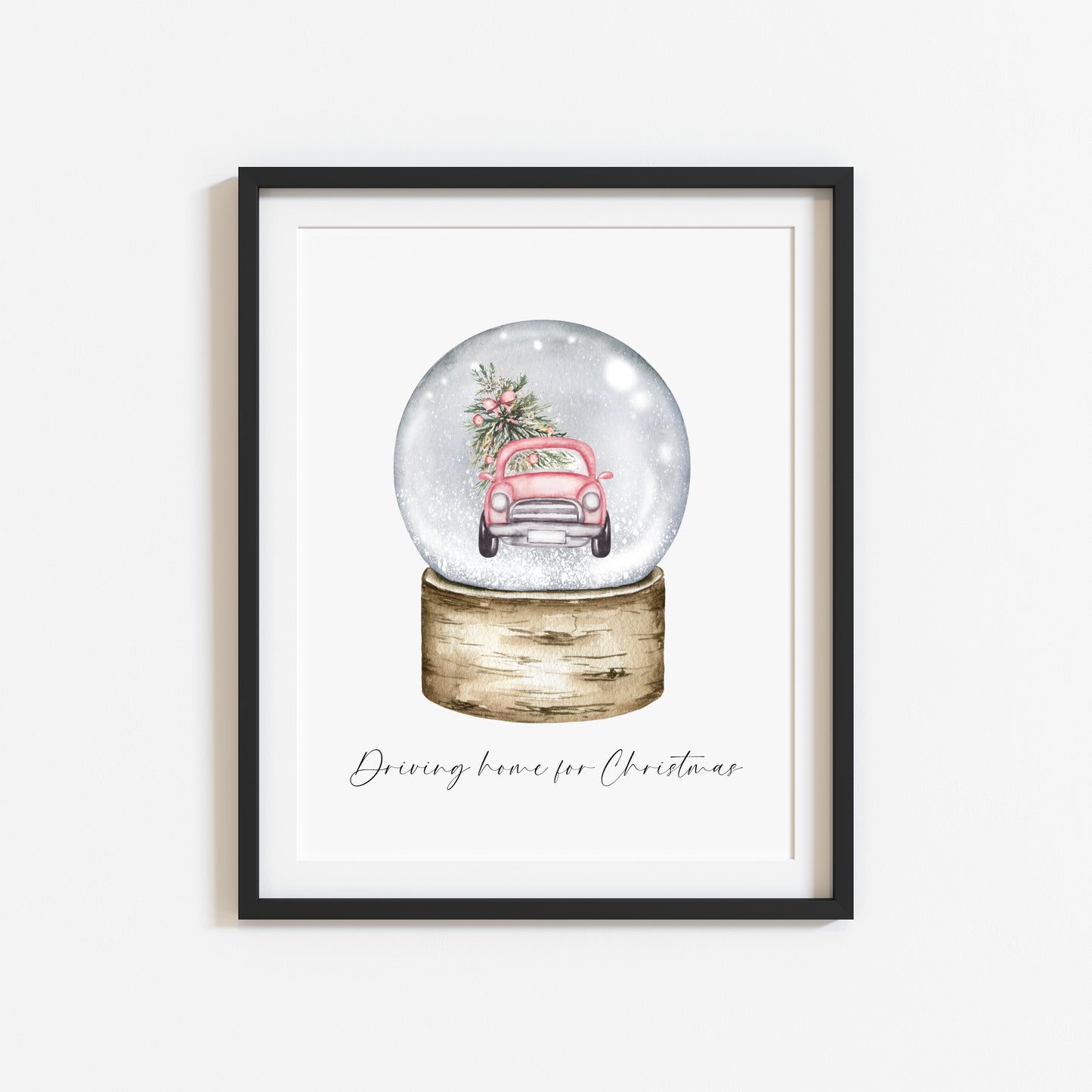 Driving home for Christmas watercolour pink car snow globe seasonal unframed wall art poster print