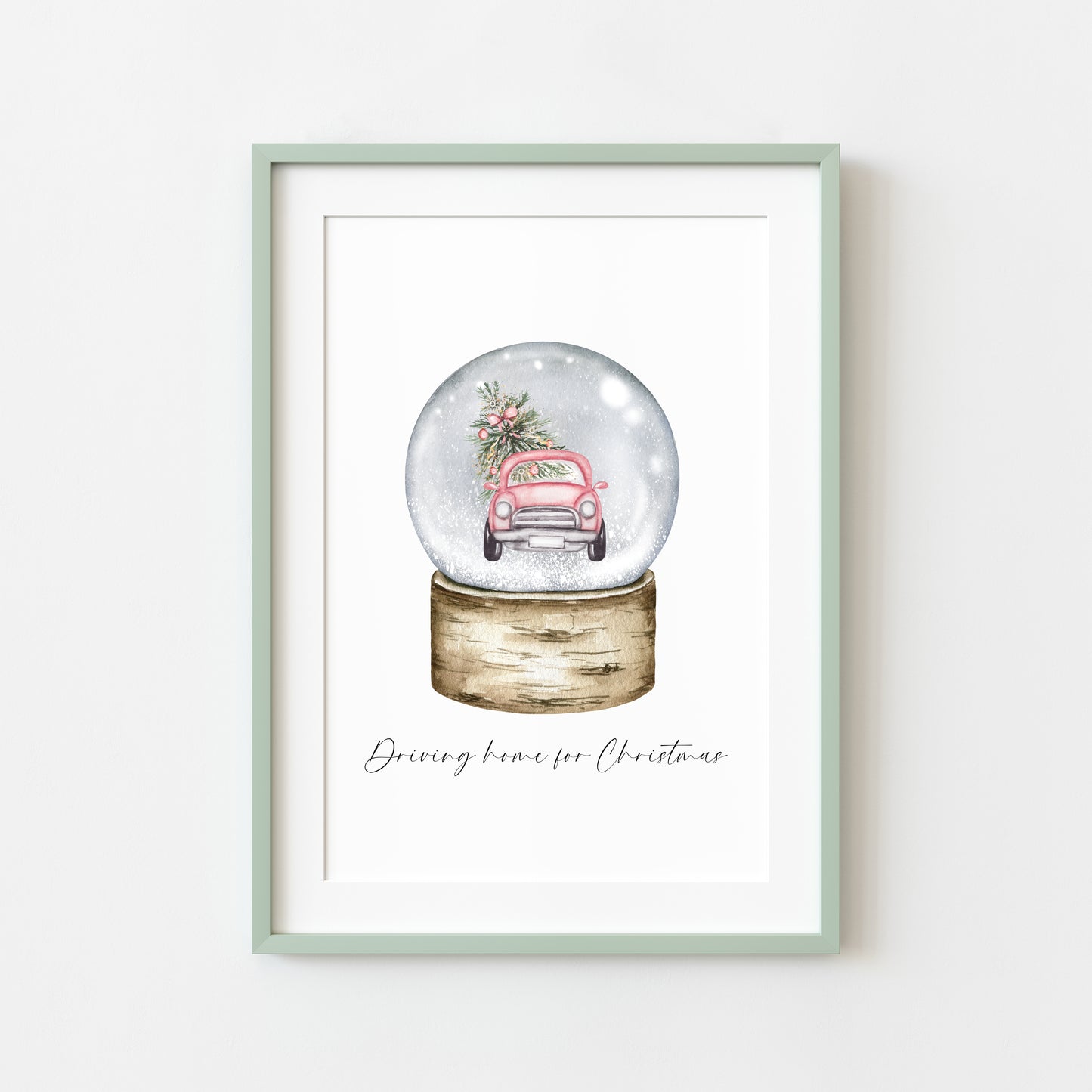 Driving home for Christmas watercolour pink car snow globe seasonal unframed wall art poster print