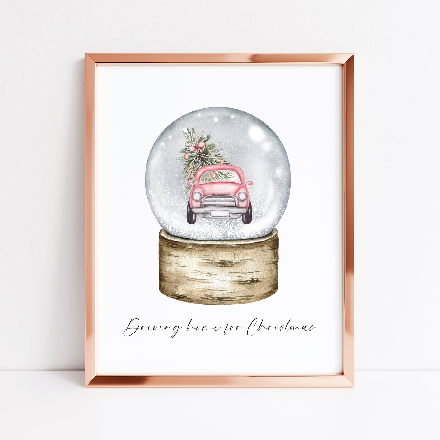 Driving home for Christmas watercolour pink car snow globe seasonal unframed wall art poster print