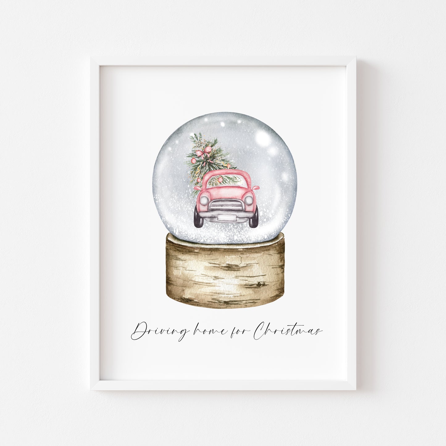 Driving home for Christmas watercolour pink car snow globe seasonal unframed wall art poster print