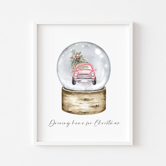 Driving home for Christmas watercolour pink car snow globe seasonal unframed wall art poster print
