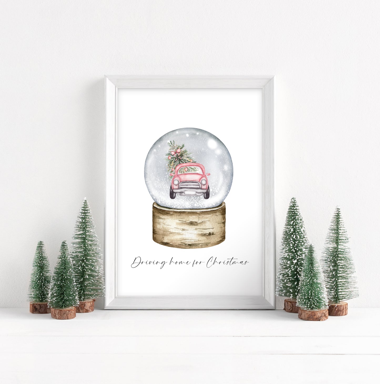 Driving home for Christmas watercolour pink car snow globe seasonal unframed wall art poster print