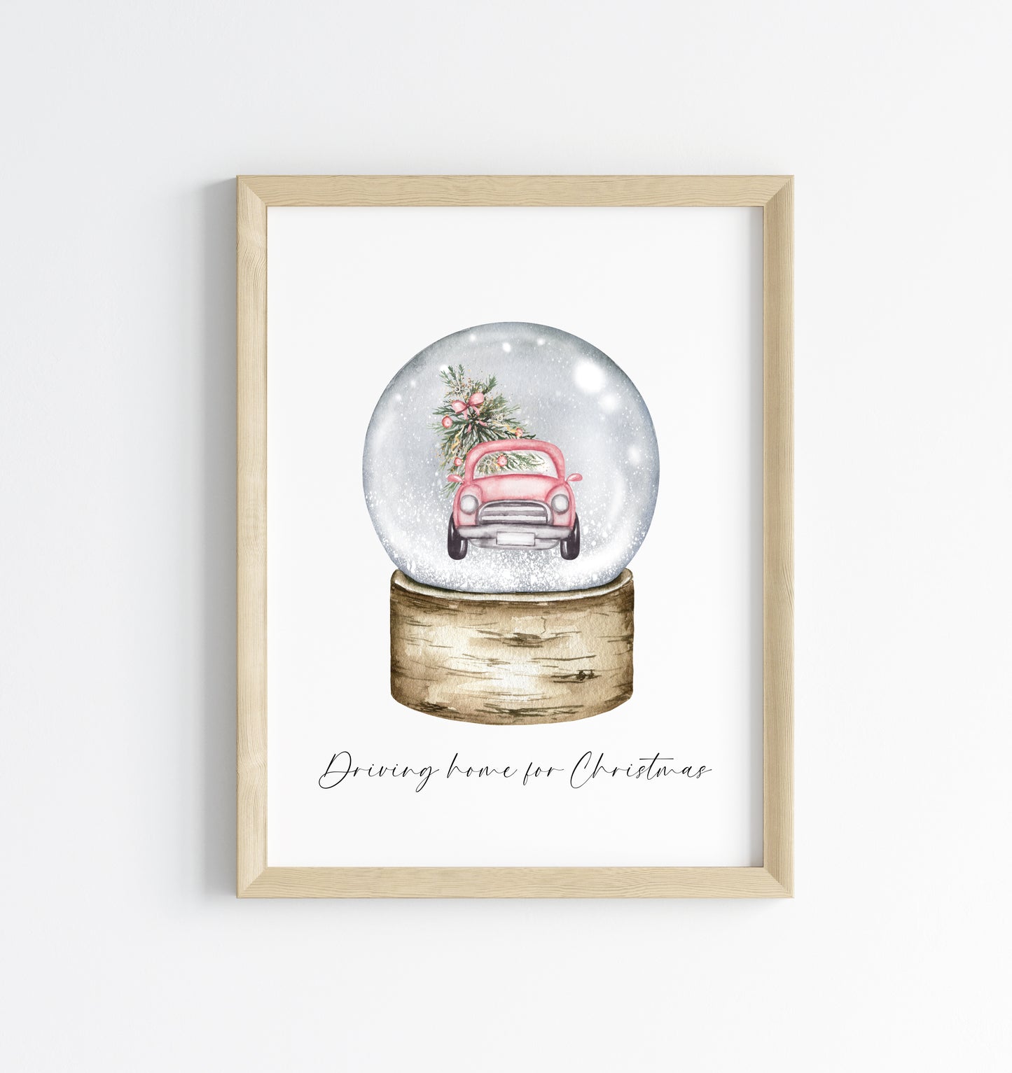 Driving home for Christmas watercolour pink car snow globe seasonal unframed wall art poster print