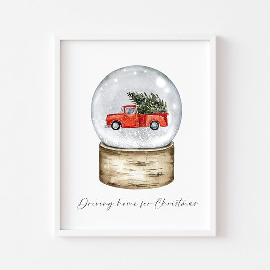 Driving home for Christmas watercolour red truck snow globe seasonal unframed wall art poster print