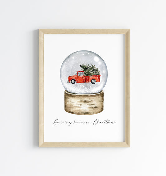 Driving home for Christmas watercolour red truck snow globe seasonal unframed wall art poster print