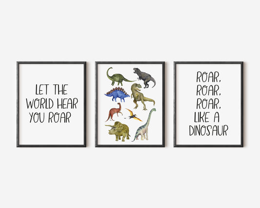 Set of 3 dinosaur prints Dinosaur, let the world Roar, Roar, Roar like a dinosaur watercolour dinosaur pictures unframed wall art poster prints
