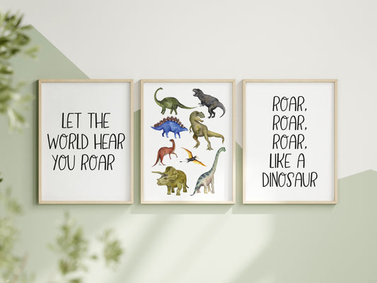 Set of 3 dinosaur prints Dinosaur, let the world Roar, Roar, Roar like a dinosaur watercolour dinosaur pictures unframed wall art poster prints