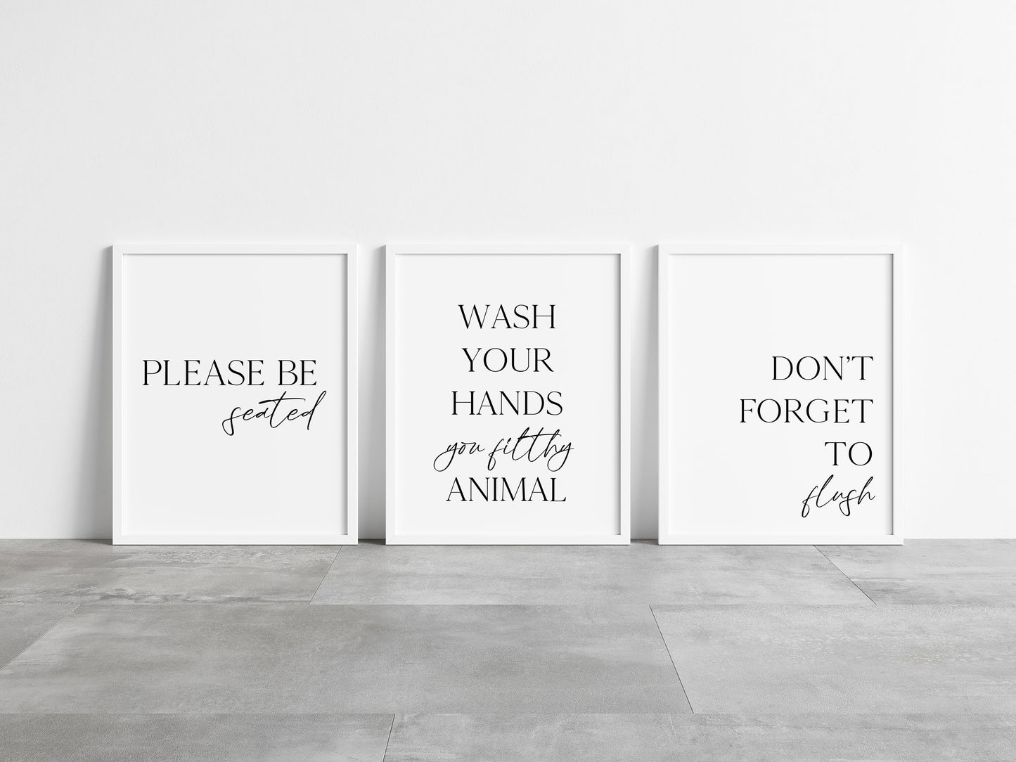 Set of 3 bathroom prints wash your hands you filthy animal, please be seated, don't forget to flushset wall art poster unframed prints