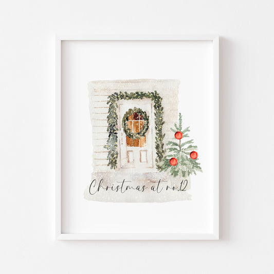 Personalised Christmas house front door print, christmas at no/Christmas with the seasonal watercolour tree