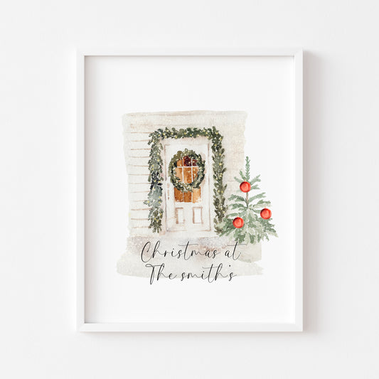 Personalised Christmas house front door print, christmas at no/Christmas with the seasonal watercolour tree