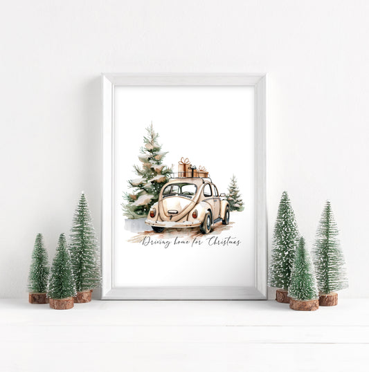 Christmas Car & Tree Art Driving home for Christmas Beige Winter Home Decor unframed wall art