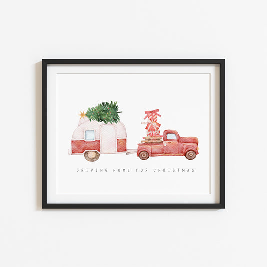Driving home for Christmas, truck and caravan watercolour illustration seasonal unframed wall art poster print