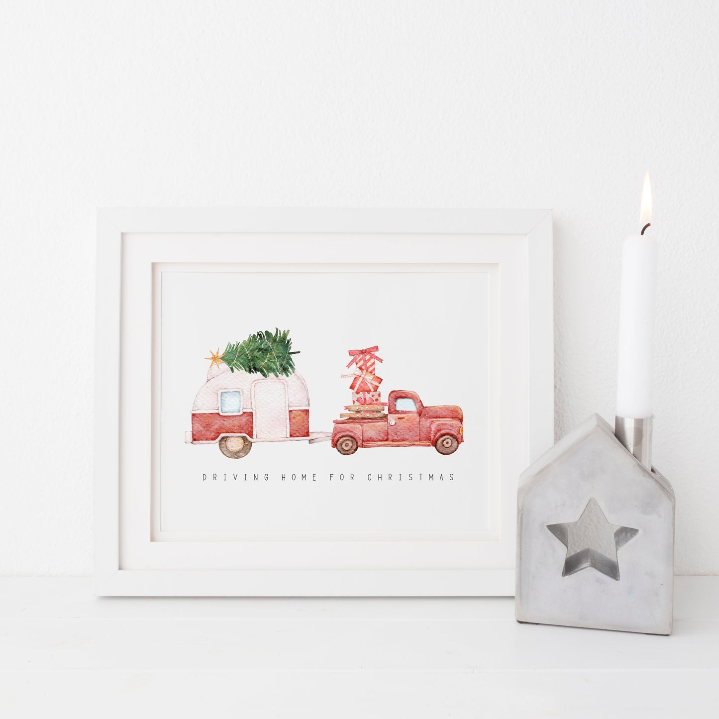 Driving home for Christmas, truck and caravan watercolour illustration seasonal unframed wall art poster print