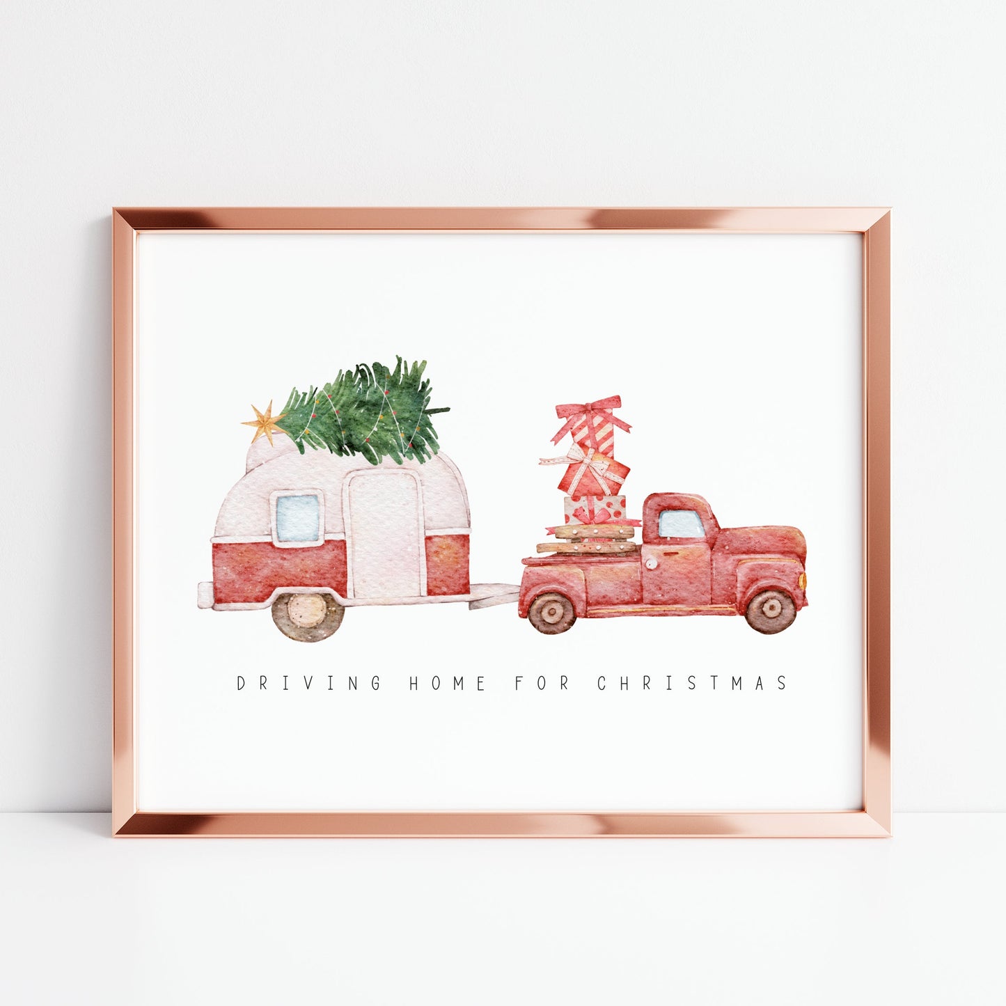 Driving home for Christmas, truck and caravan watercolour illustration seasonal unframed wall art poster print