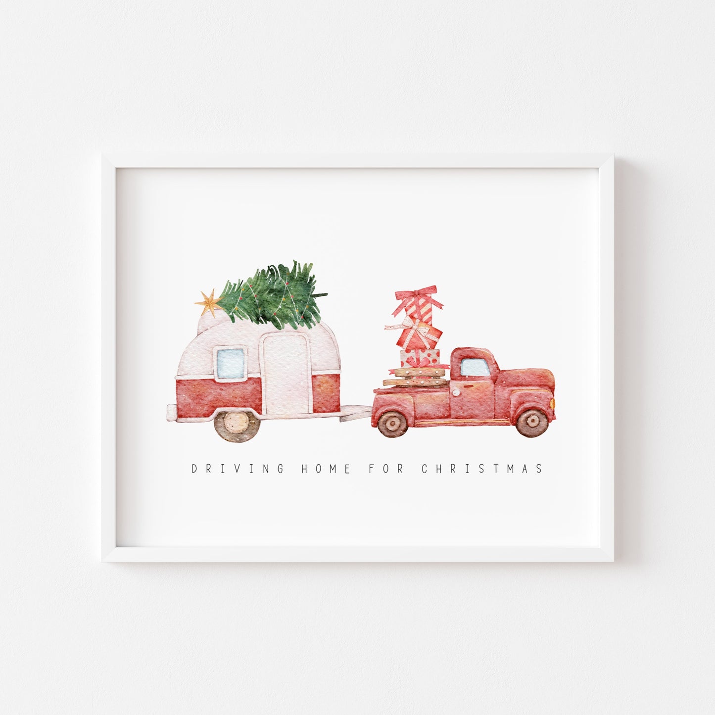 Driving home for Christmas, truck and caravan watercolour illustration seasonal unframed wall art poster print