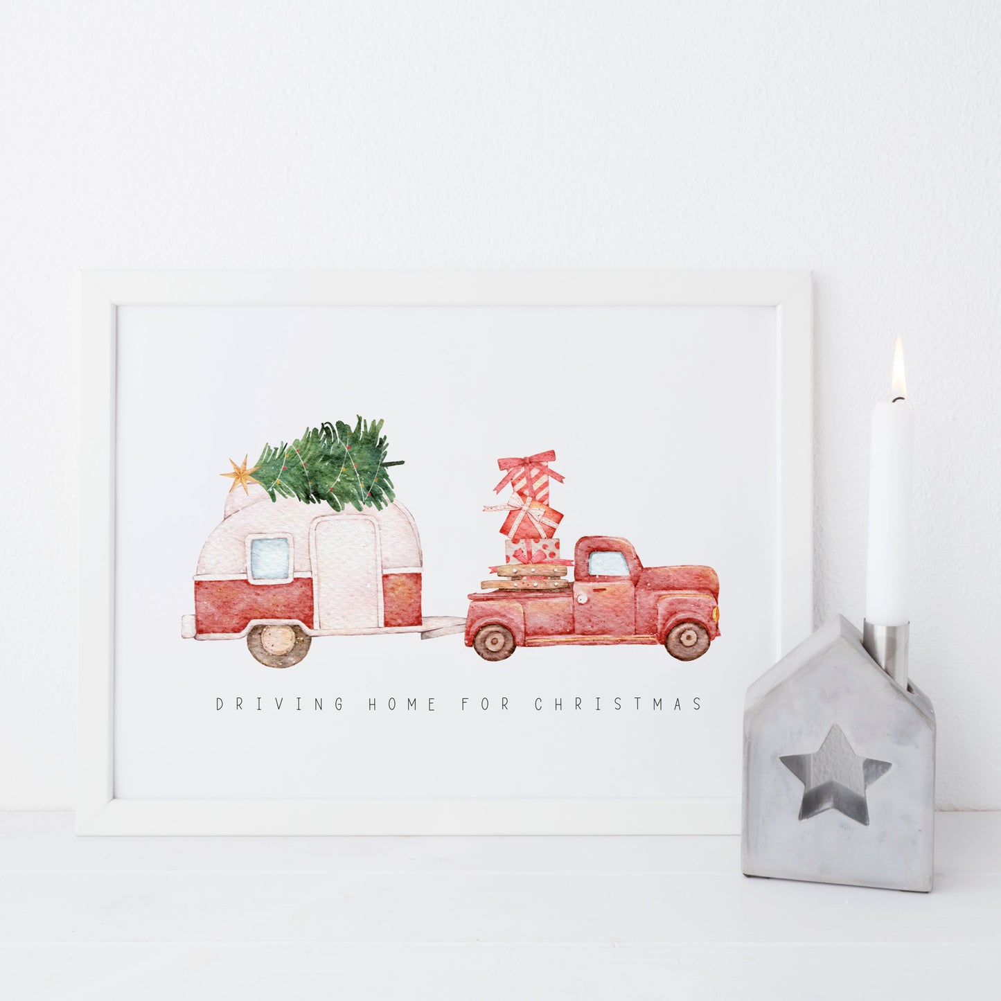 Driving home for Christmas, truck and caravan watercolour illustration seasonal unframed wall art poster print