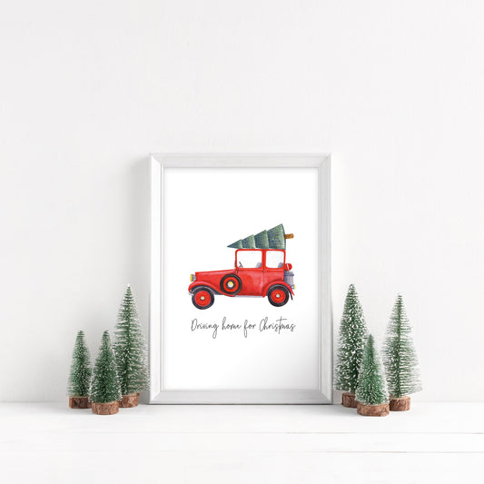Driving home for Christmas, truck watercolour illustration seasonal unframed wall art poster print