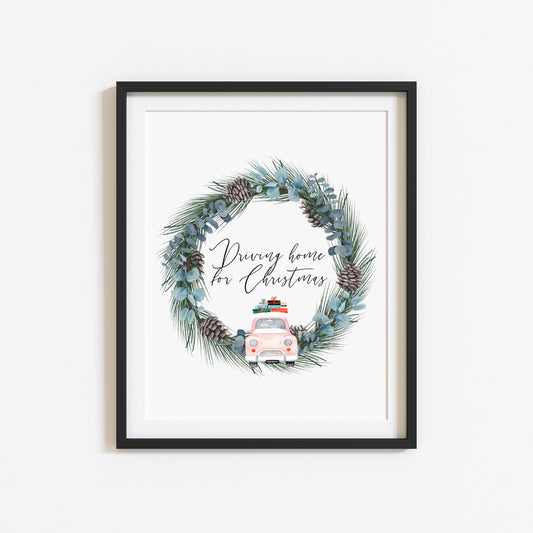 Driving home for Christmas, pink car and wreath watercolour illustration seasonal unframed wall art poster print