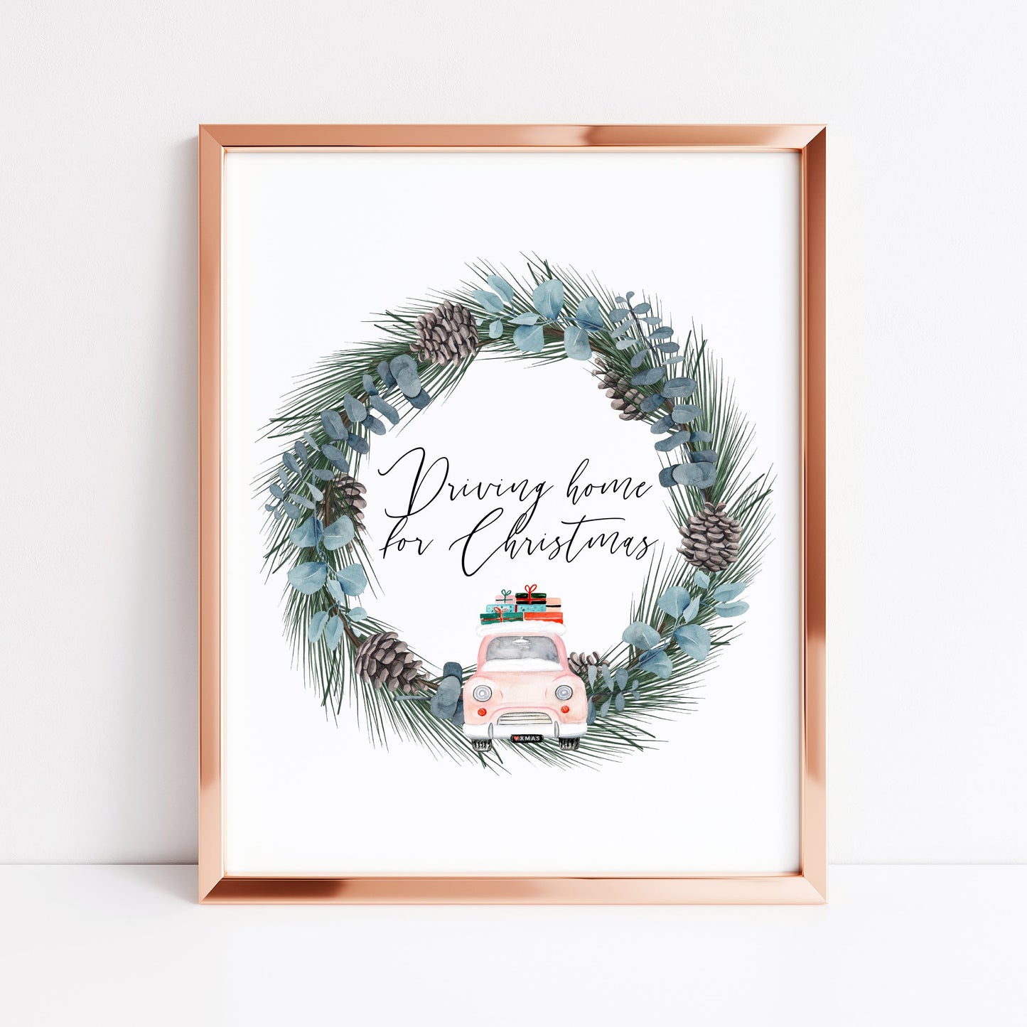 Driving home for Christmas, pink car and wreath watercolour illustration seasonal unframed wall art poster print