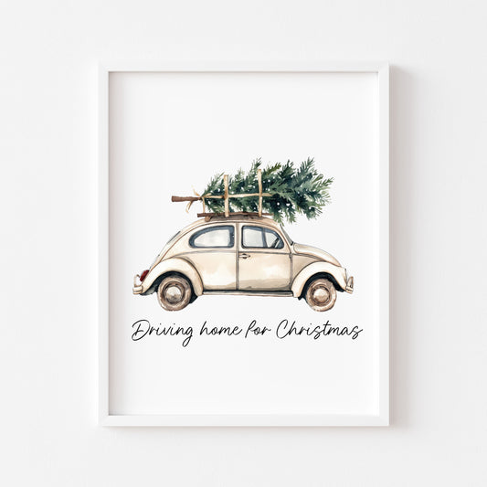 Driving home for Christmas white beige Christmas car & tree seasonal Christmas winter unframed wall art poster print