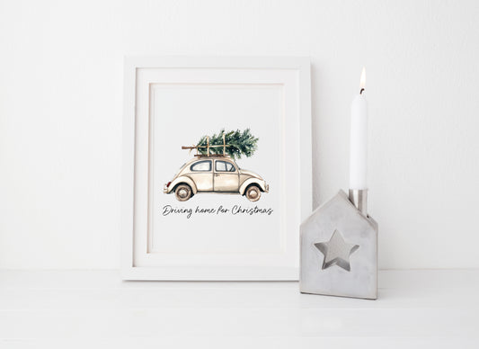 Driving home for Christmas white beige Christmas car & tree seasonal Christmas winter unframed wall art poster print