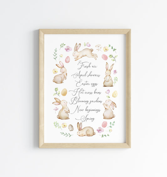 Spring print Easter Bunny rabbit pink easter eggs foliage floral home bedroom unframed wall art poster print