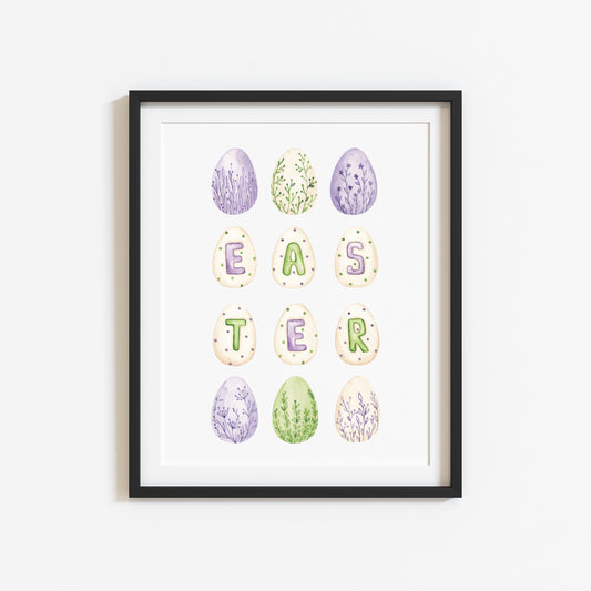 Easter print, Happy Easter purple,green & cream easter eggs pastel floral watercolour spring seasonal unframed print spring decor easter art