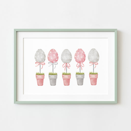 Easter print, Easter egg plants pink and grey landscape seasonal unframed wall art poster print