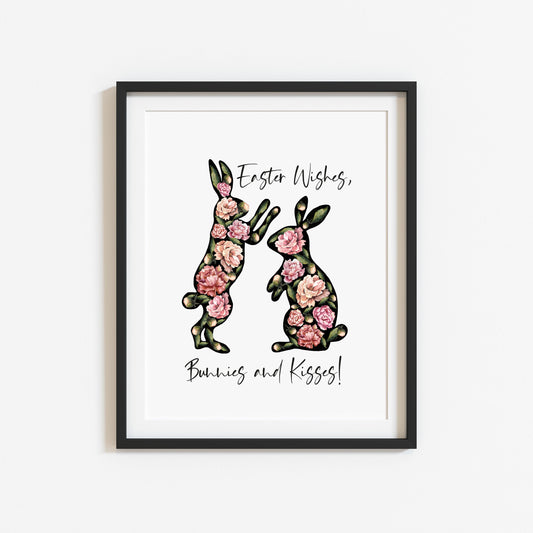 Easter print, Easter wishes bunnies and kisses floral watercolour unframed wall art poster print