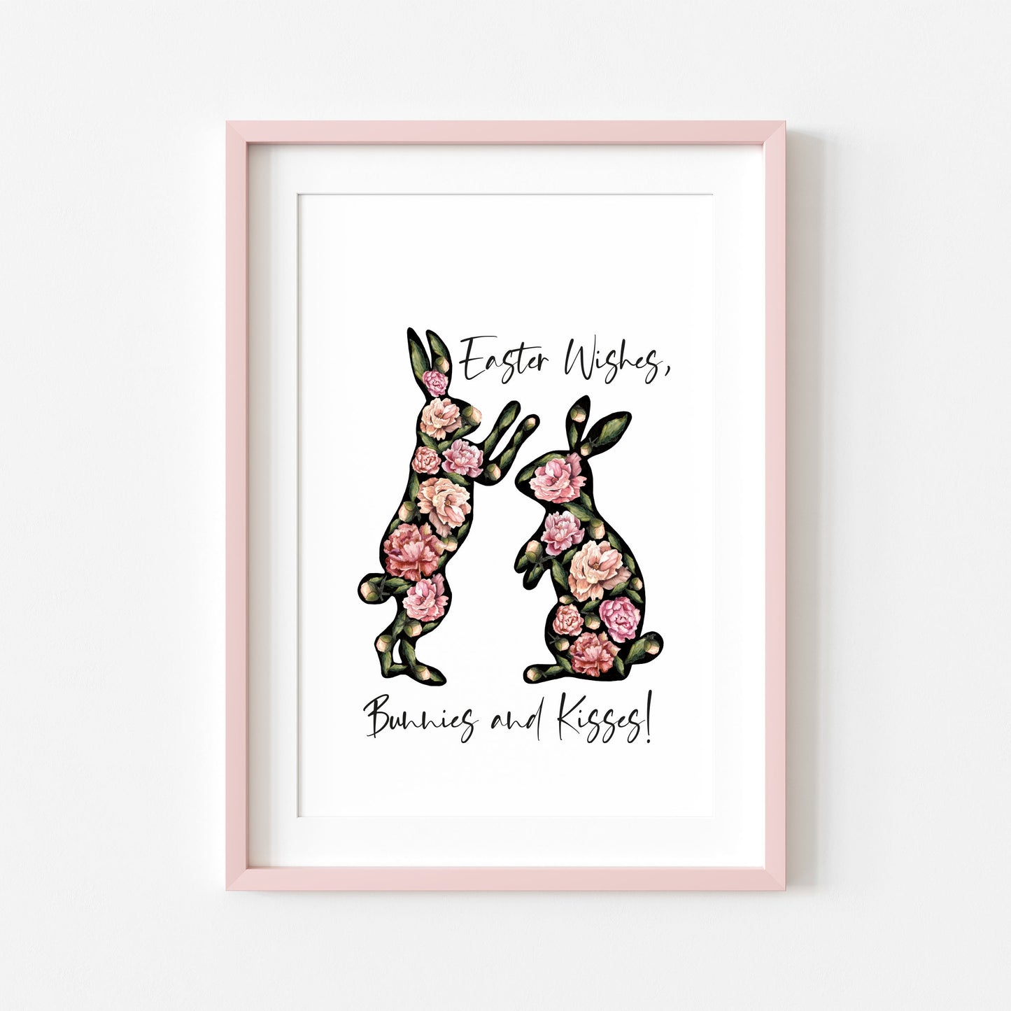 Easter print, Easter wishes bunnies and kisses floral watercolour unframed wall art poster print