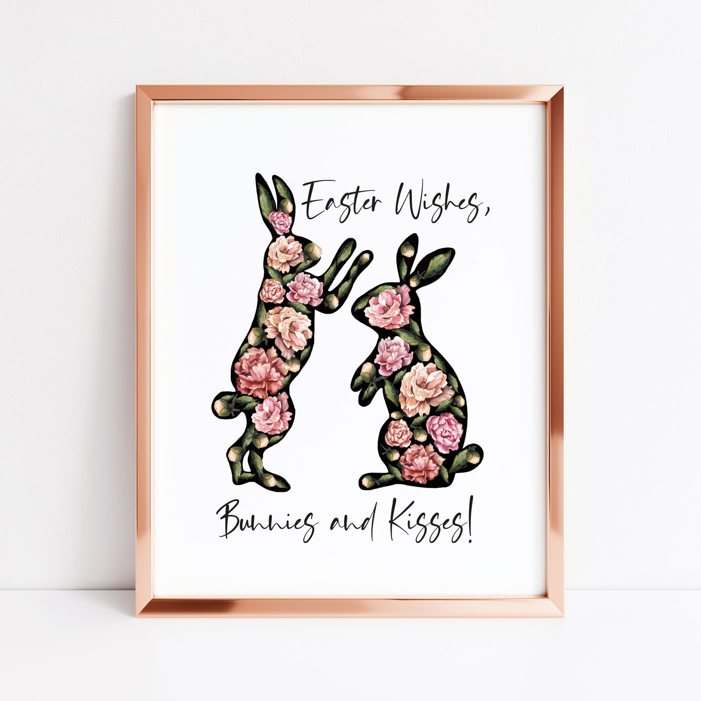 Easter print, Easter wishes bunnies and kisses floral watercolour unframed wall art poster print