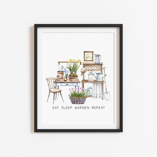 Gardening print Eat sleep garden repeat watercolour illustration gardening seasonal unframed wall art poster print