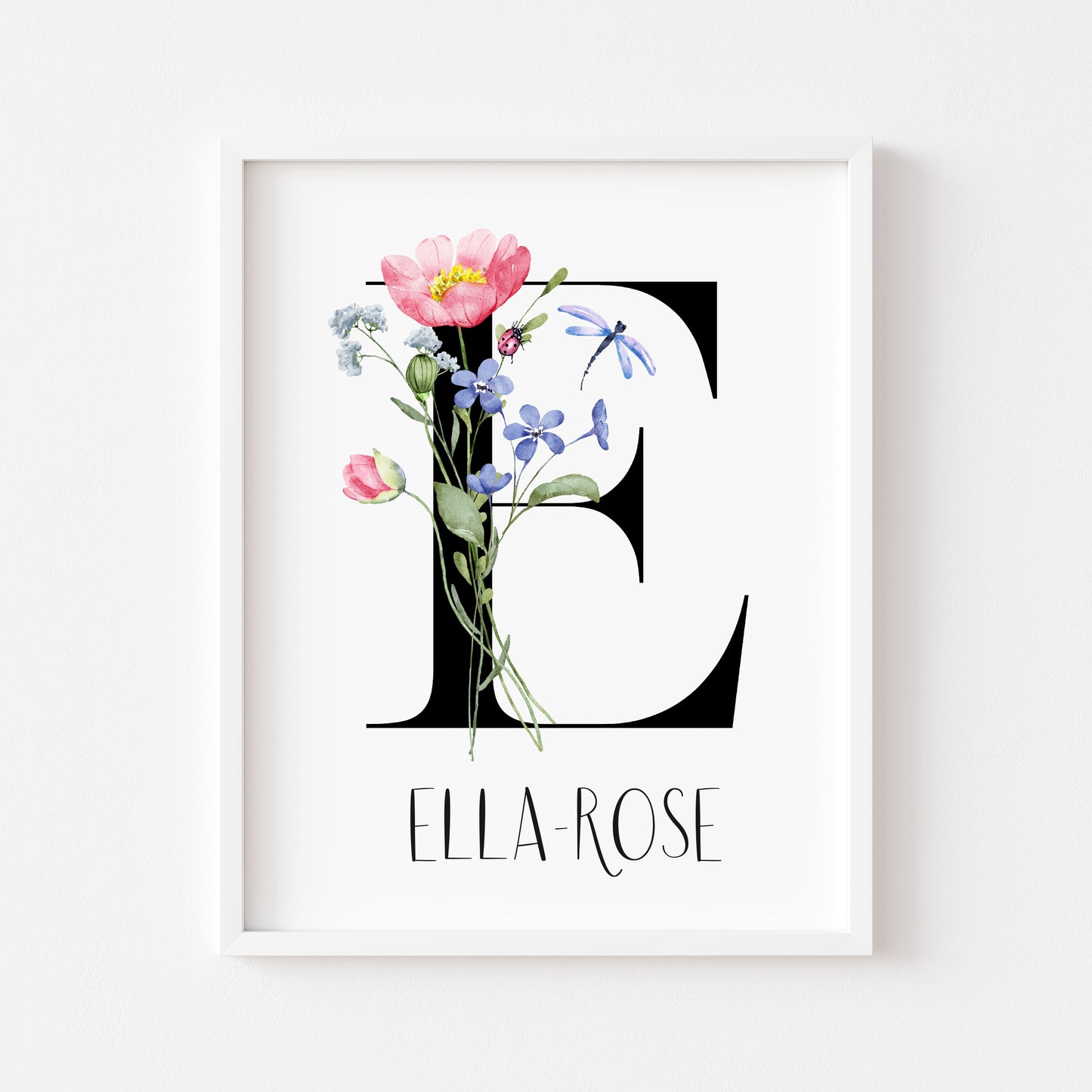 Personalised initial name print, watercolour wildflower floral initial illustration nursery unframed print