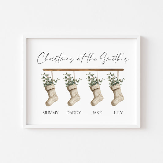 Personalised Christmas stocking family print green eucalyptus stockings unframed wall art poster print