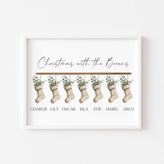 Personalised Christmas stocking family print green eucalyptus stockings unframed wall art poster print